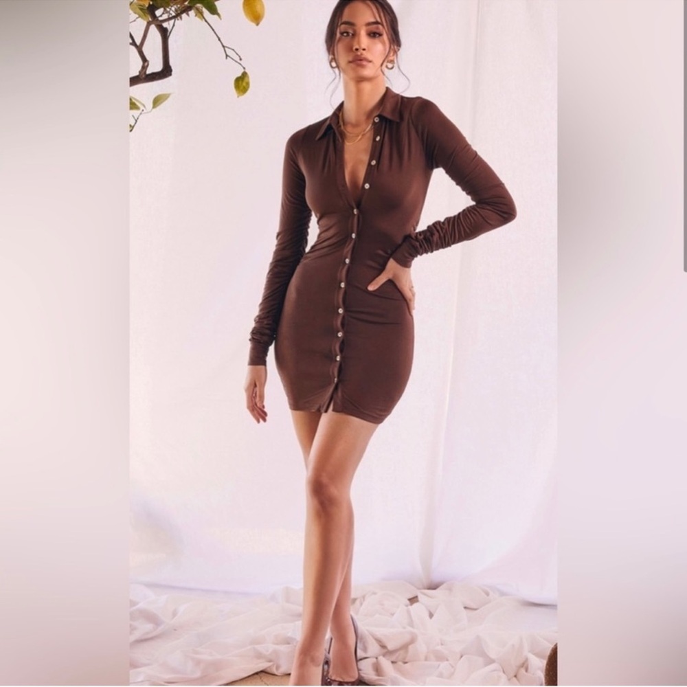 NWOT House of CB Martinique Chocolate Mini Ruched Shirt Dress